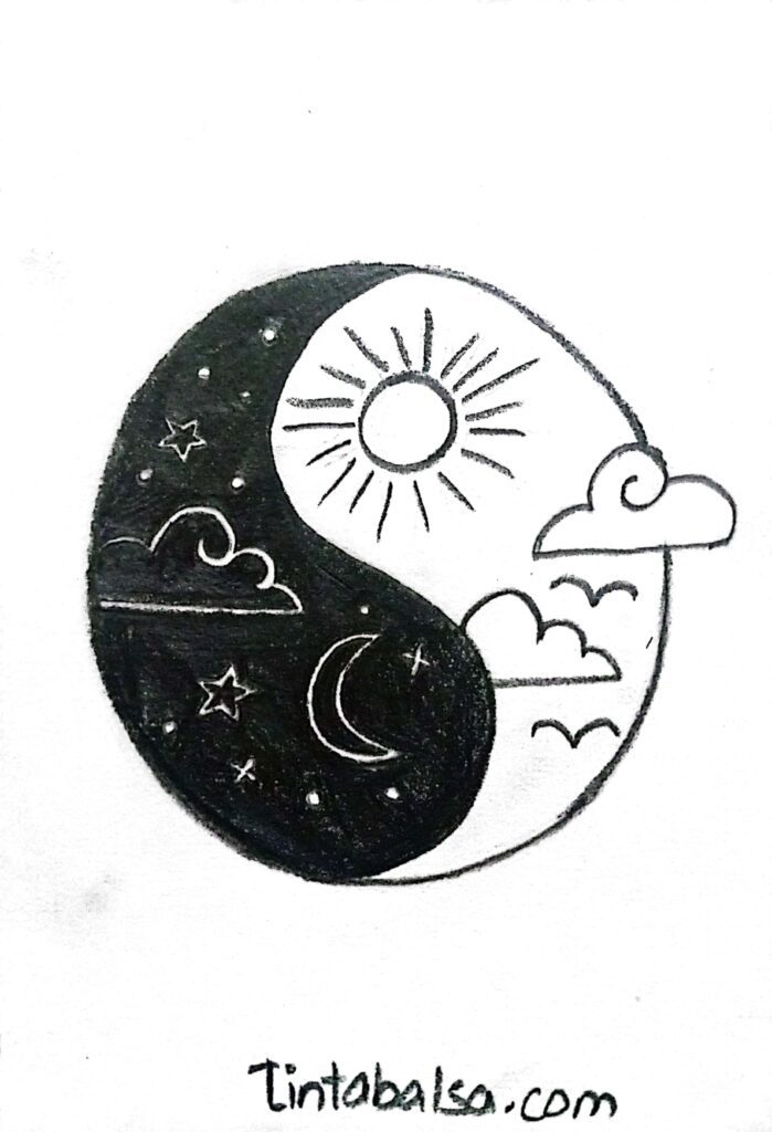 Día y noche: dibujo que representa la transición entre el día y la noche, mostrando un paisaje dividido en dos mitades con un sol brillante y un cielo estrellado. Ideal para ilustrar conceptos de dualidad, tiempo y la belleza de los ciclos naturales en el arte.