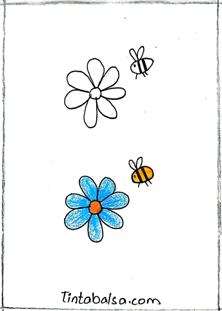 Ilustración de una abeja zumbando alrededor de una flor, con detalles precisos en las alas y el cuerpo, destacando la belleza de la naturaleza.