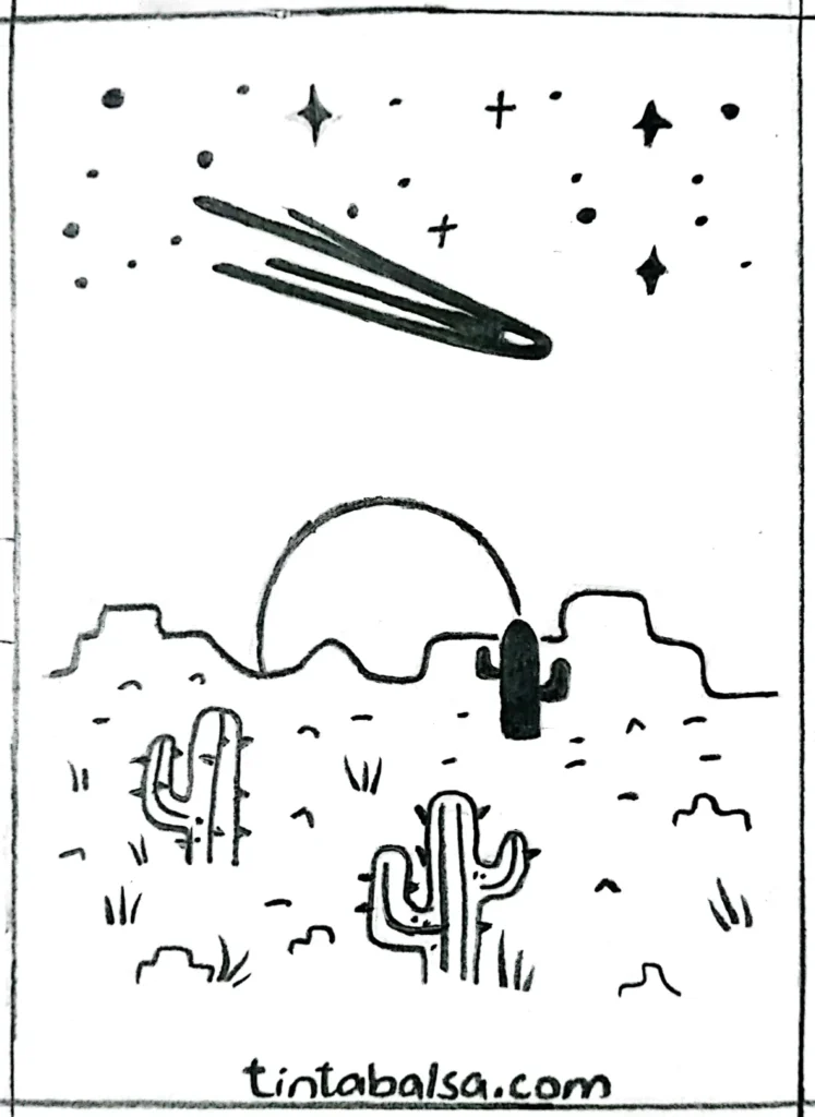 Dibujo de un atardecer en el desierto, mostrando el sol bajando en el horizonte y siluetas de cactus."
"Esquema sencillo de un atardecer en el desierto, con colinas onduladas y cielos en tonos cálidos."
"Boceto de un paisaje desértico al atardecer, con sombras largas y un cielo degradado."
"Ilustración de un atardecer en el desierto, capturando la luz suave y los detalles de las dunas."
"Dibujo minimalista de un atardecer en el desierto, con colores cálidos y figuras de plantas desérticas.