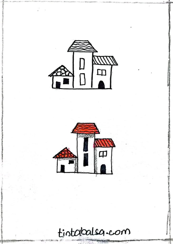 Dibujo encantador de casitas pequeñas con diferentes proporciones, ventanas y puertas, evocando un ambiente cálido y hogareño.