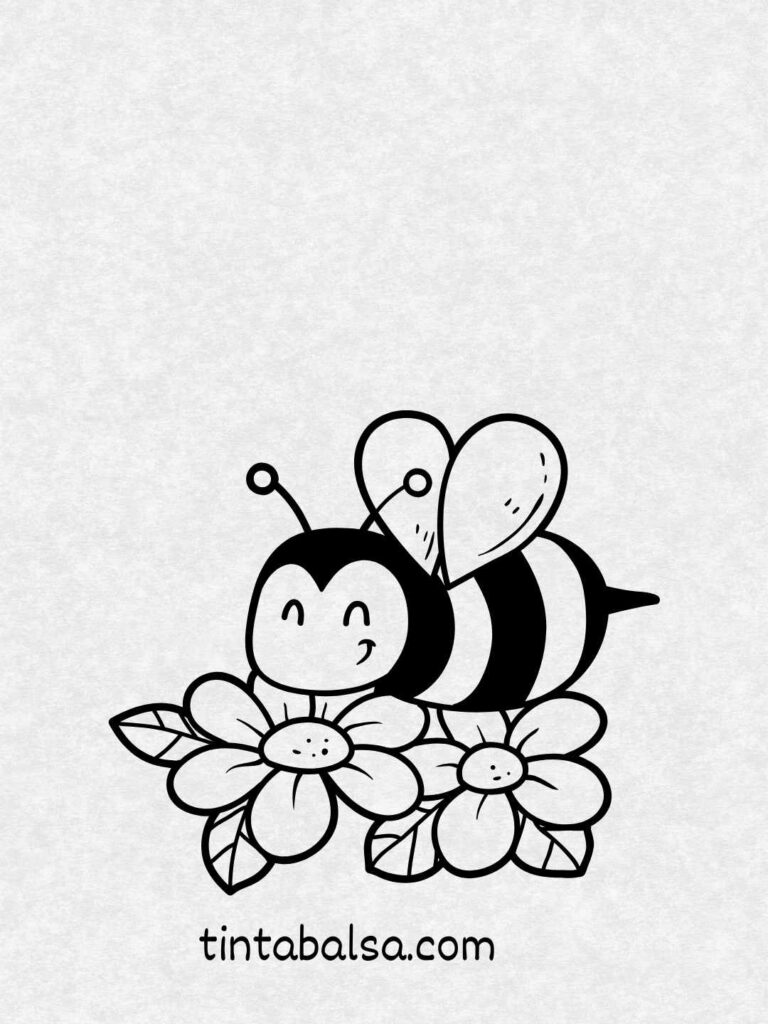 Dibujo de una abeja acercándose a una flor abierta, ideal para representar naturaleza y armonía.