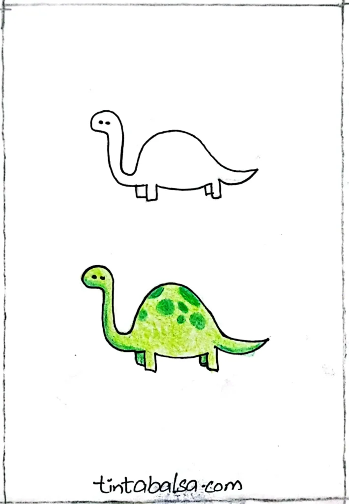 Dibujo adorable de un dinosaurio pequeño con líneas suaves y detalles juguetones, perfecto para principiantes y amantes de los fósiles.