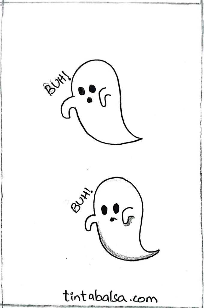 Dibujo simple de un fantasma, con líneas suaves y una expresión amigable, perfecto para proyectos rápidos y temáticas de Halloween.