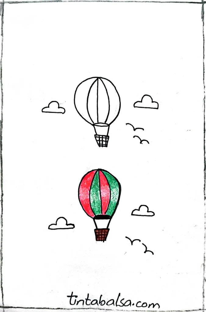 Dibujo de un globo aerostático con patrones decorativos, flotando sobre un paisaje, evocando tranquilidad y aventura.