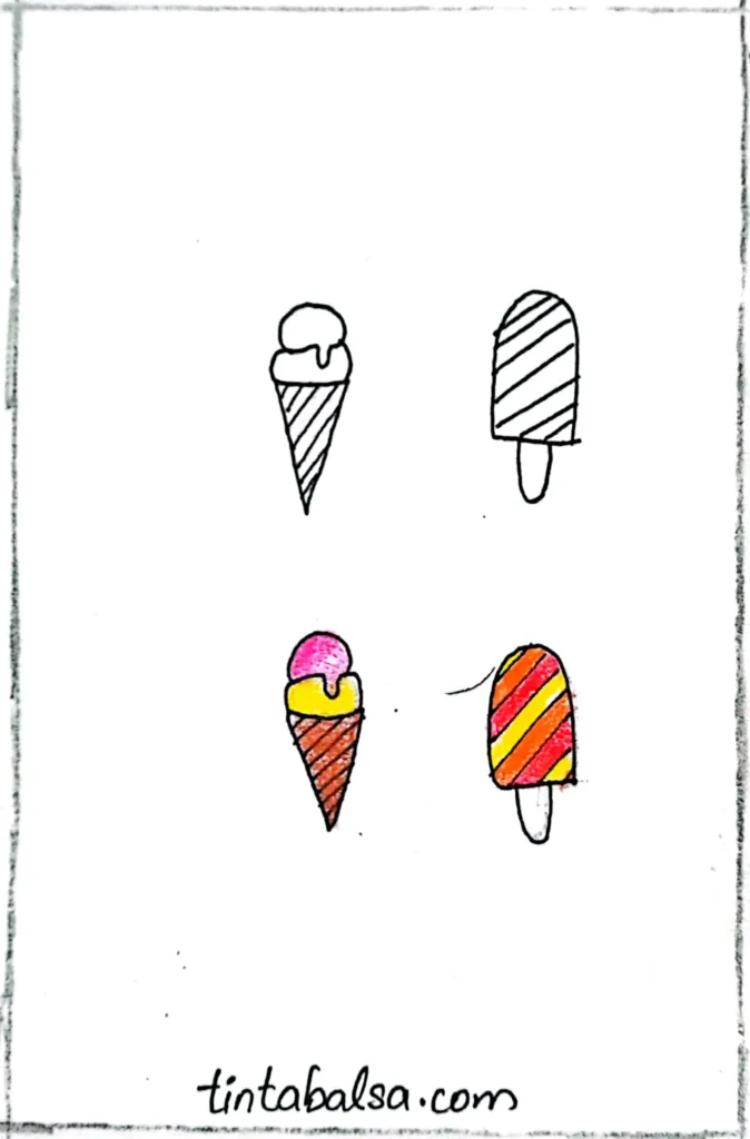 Ilustración colorida de helados de diferentes formas y sabores, perfecta para capturar la esencia de los días de verano y la creatividad culinaria