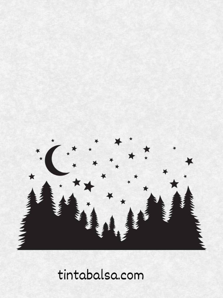 Dibujo de un cielo nocturno con una luna y muchas estrellas.