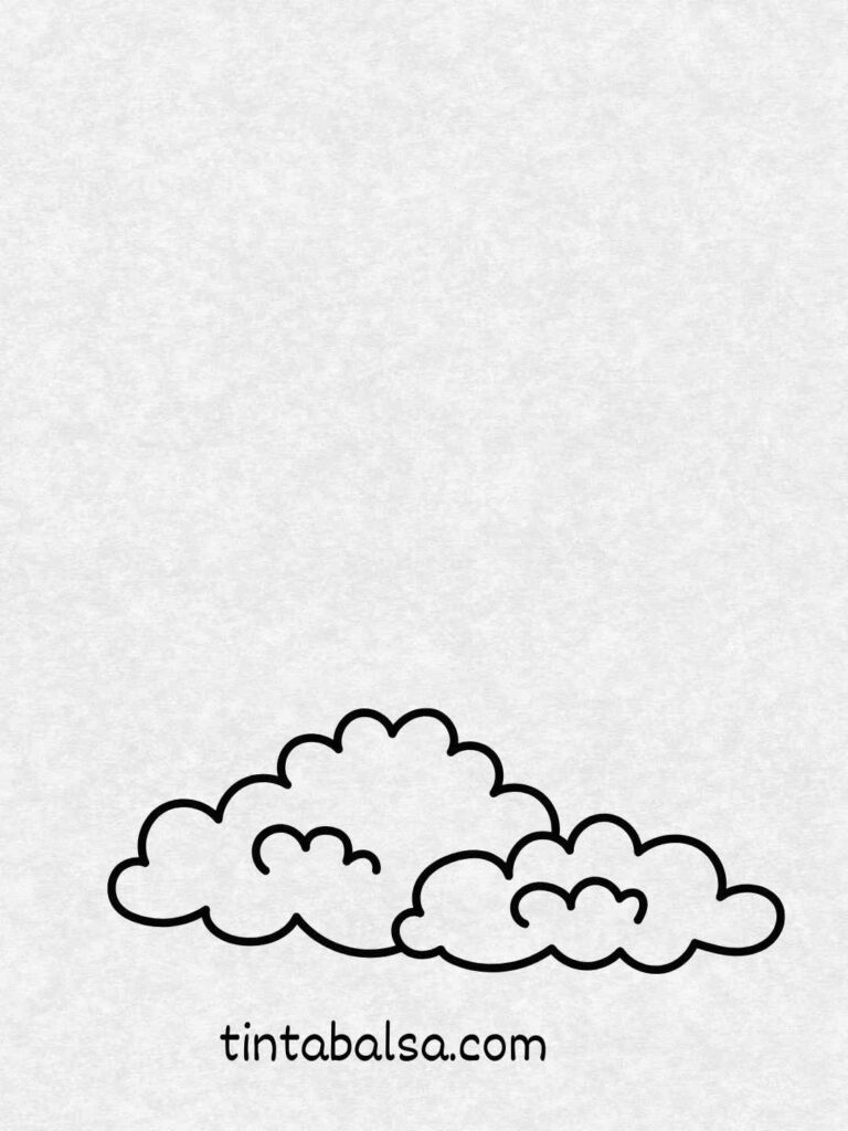 Dibujo de una nube esponjosa con carita feliz y gotas pequeñas.