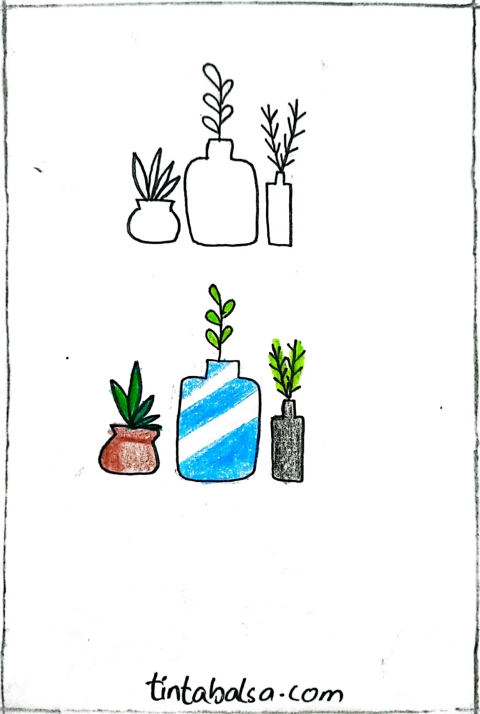 Ilustración de plantas en macetas decorativas, con líneas detalladas que aportan vida y frescura al diseño.