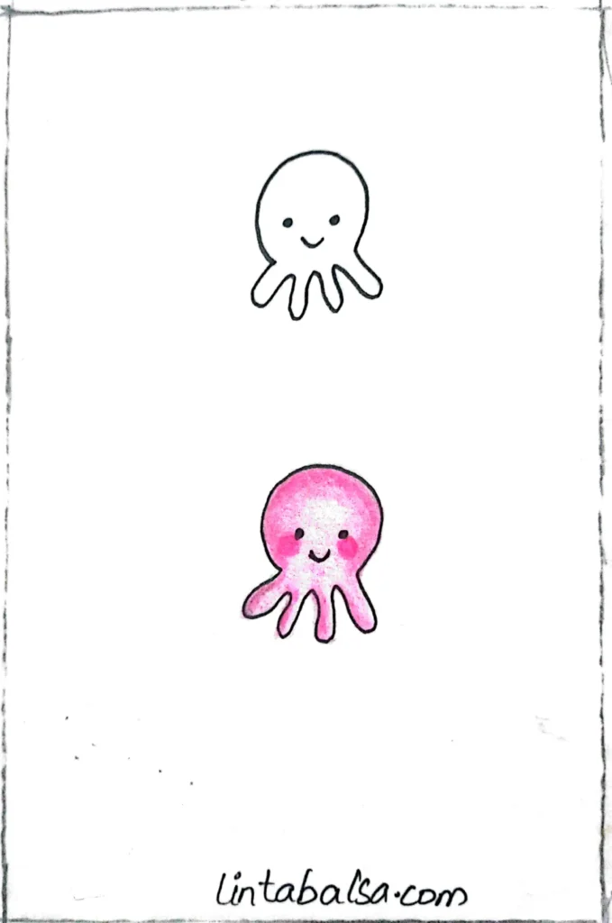 Dibujo simplificado de un pulpo adorable, con tentáculos ondulados y expresiones juguetonas, diseñado para principiantes y amantes de los animales marinos.