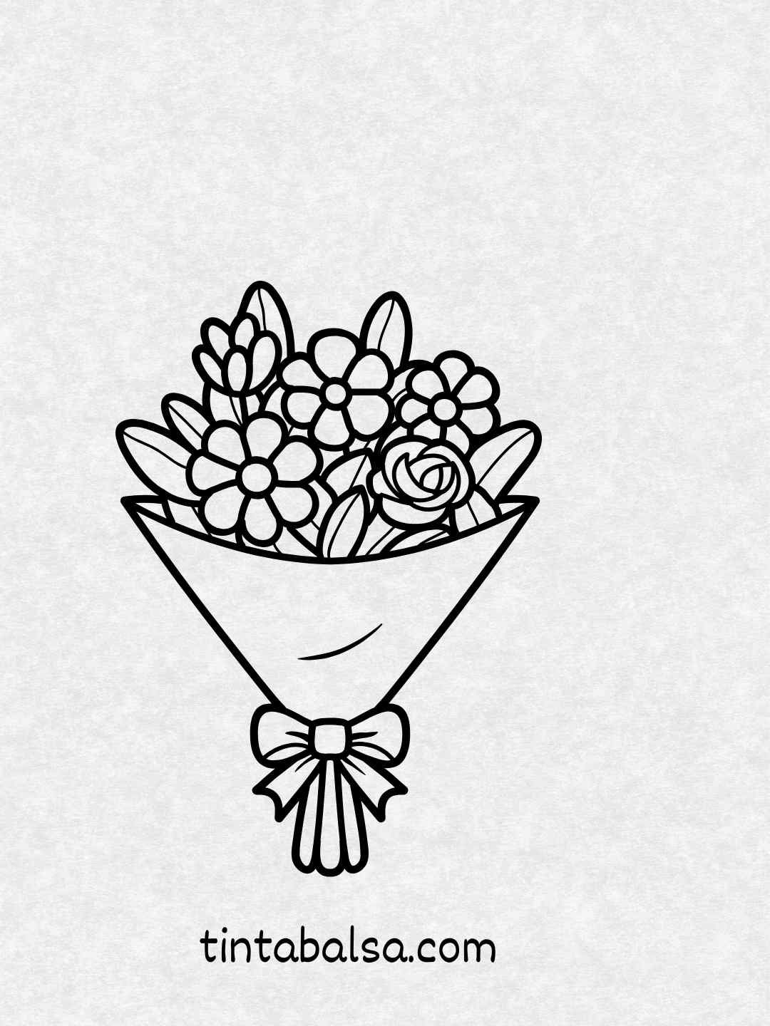 Dibujo de un ramo de flores envuelto con cinta decorativa.