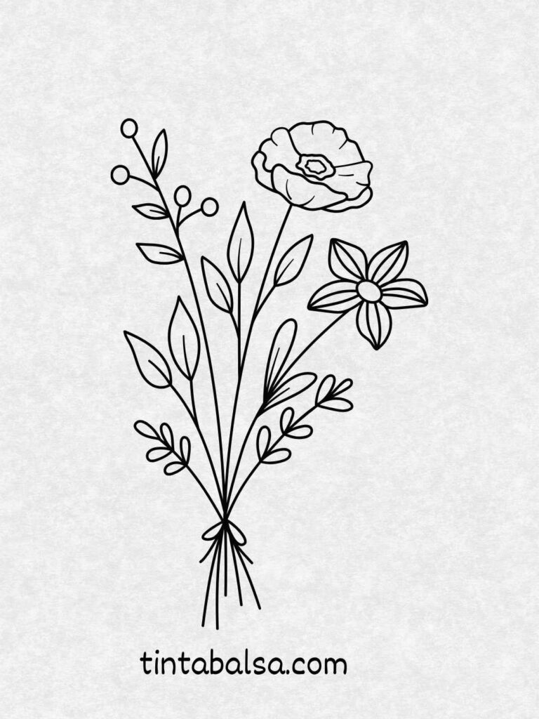 Dibujo de un ramo de flores envuelto en papel, listo para regalar.