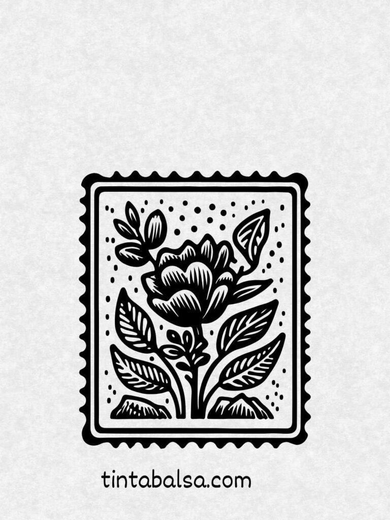 Diseño de un sello postal decorado con una flor artística.