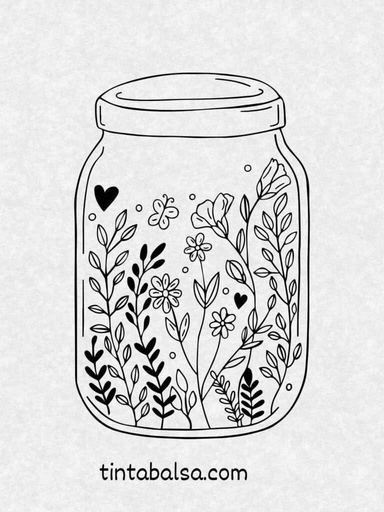 Dibujo de un frasco de vidrio lleno de flores silvestres de tallos largos.