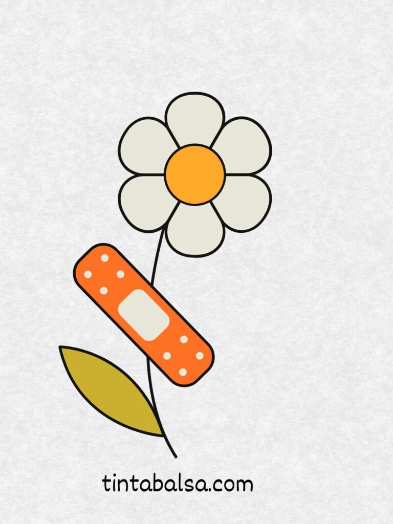 Ilustración de una curita decorada con una pequeña flor en el centro.