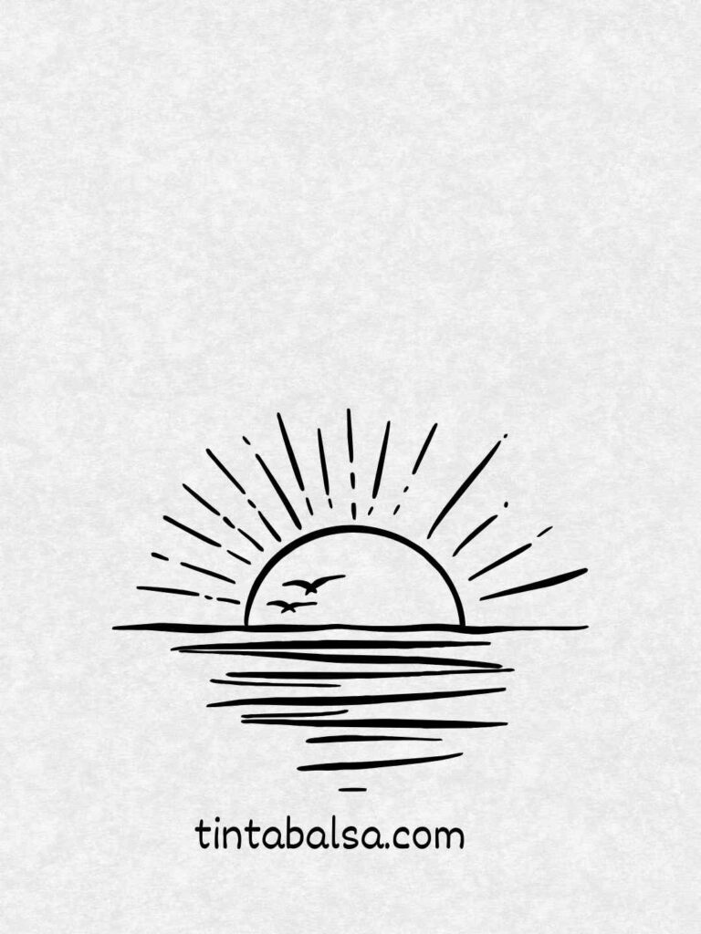 Atardecer
Este es un dibujo de un atardecer simplificado, con un sol en forma de medio círculo que se sumerge o emerge del mar tranquilo. Es un concepto minimalista que se usa a menudo como inspiración de dibujos aesthetic para transmitir tranquilidad y la belleza de la naturaleza.