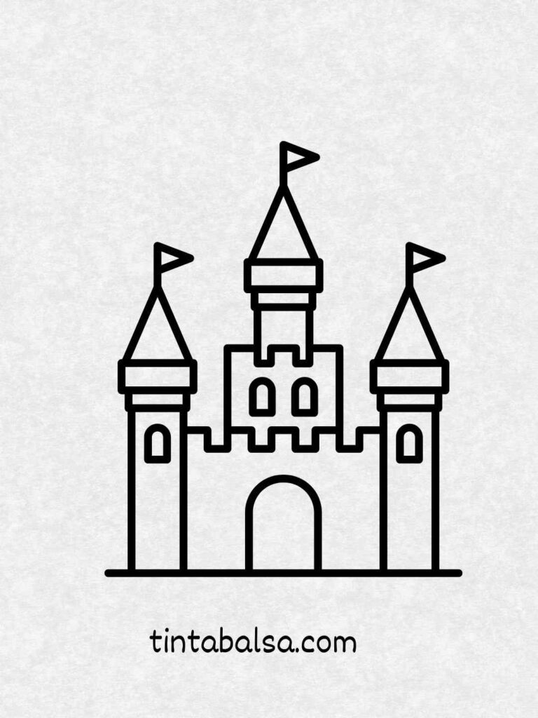 Aquí hay un dibujo de un castillo de cuento de hadas con varias torres, cada una con un techo puntiagudo y una bandera. Es una imagen clásica entre los dibujos aesthetic simples, a menudo asociada con historias y magia.