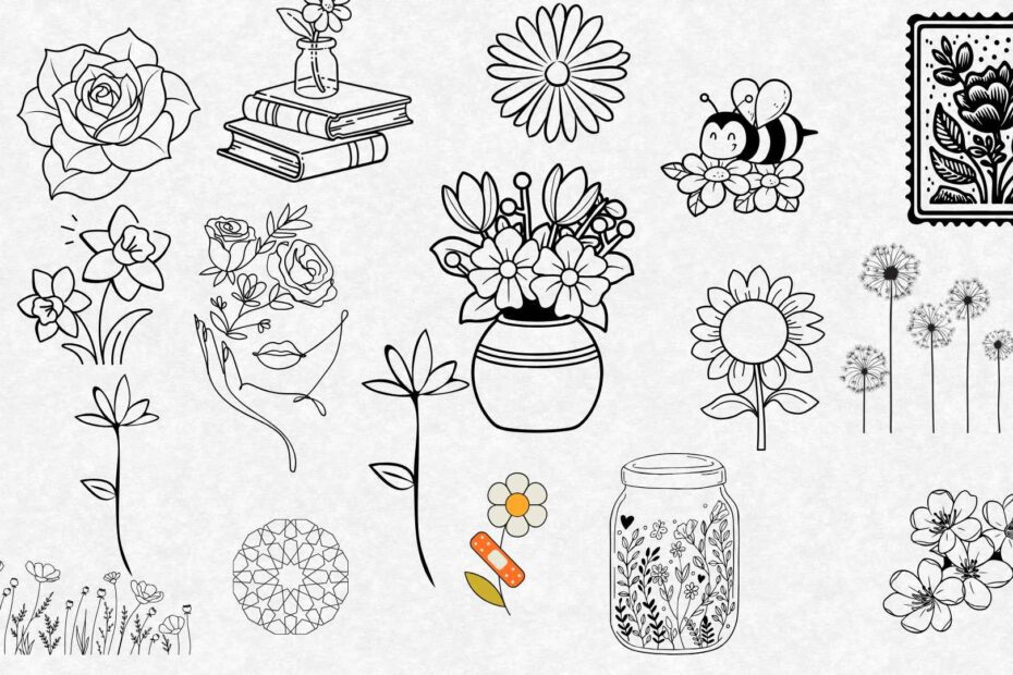 Ilustración artística de dibujos de flores, con diferentes tipos de flores como rosas, margaritas y tulipanes, ideales para inspiración creativa y bocetos florales sencillos