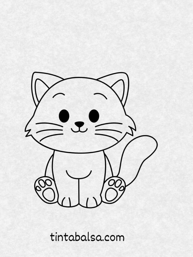 Dibujo de un gato feliz con bigotes y cola enrollada