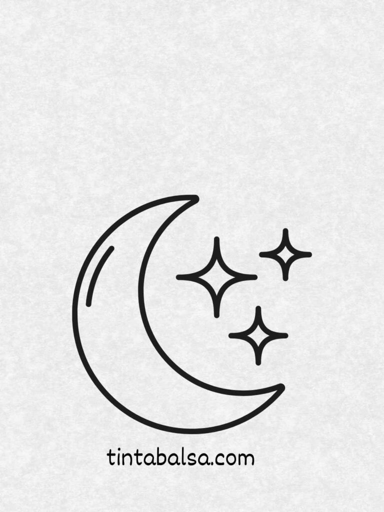 Dibujo de una luna creciente rodeada de estrellas sobre líneas horizontales que representan el agua o el horizonte, evocando una escena serena y mágica.