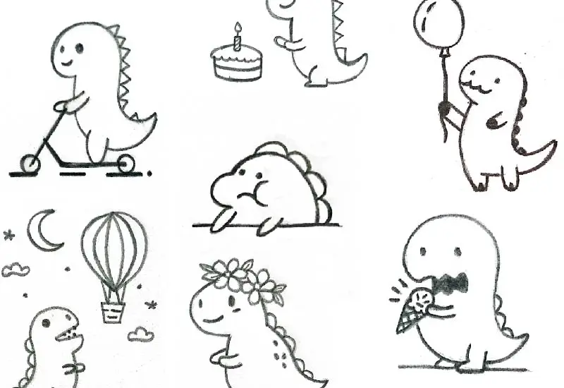 "12 easy and cute dinosaur drawing ideas displayed in various creative and fun styles, showcasing playful, simple, and imaginative designs suitable for all ages."