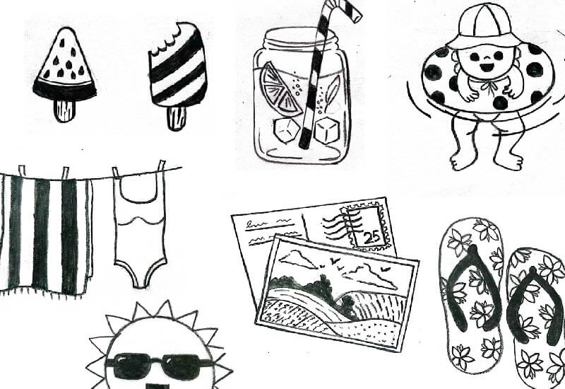 Thirteen refreshing summer drawing ideas, including creative sketches of ice creams, tropical fish, flip-flops, summer girls, refreshing drinks, Polaroid moments, and more, perfect for capturing the essence of summer in vibrant and simple illustrations.