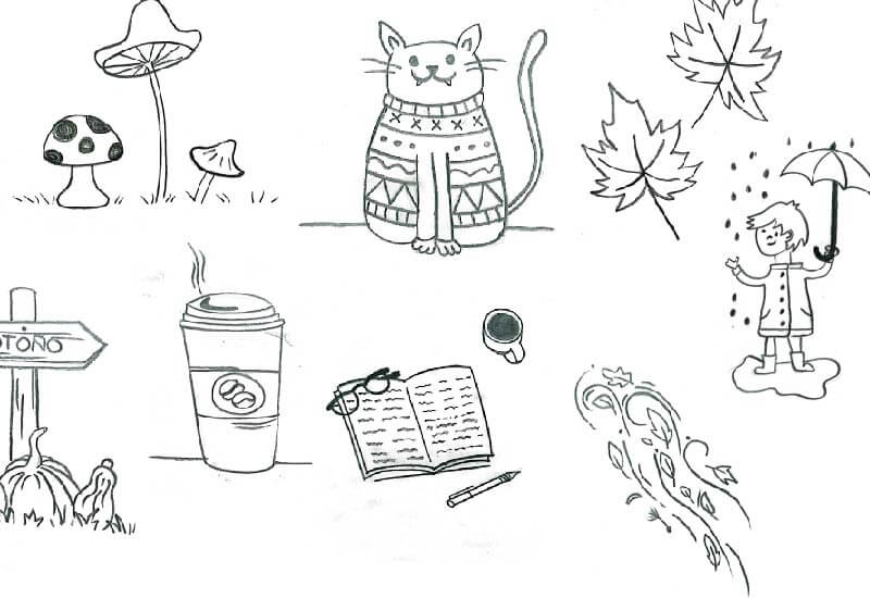 A collection of creative and cosy autumn drawing ideas, featuring themes like falling leaves, warm scarves, rainy days, and seasonal fruits to inspire your artwork.