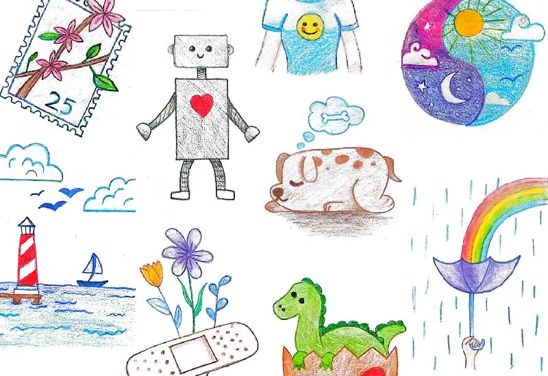 A vibrant collage of all 16 drawing ideas, showcasing a mix of colours, styles, and themes.