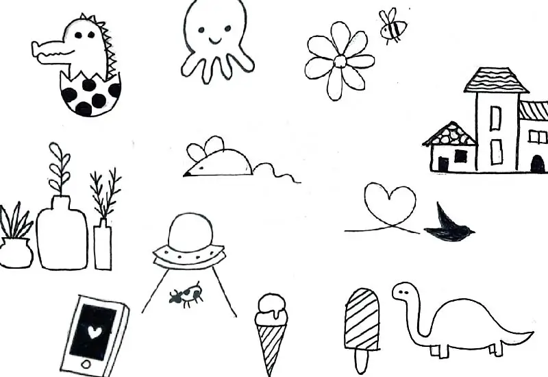 Illustration showcasing small creative drawing ideas for any moment, including simple and charming designs for everyday inspiration