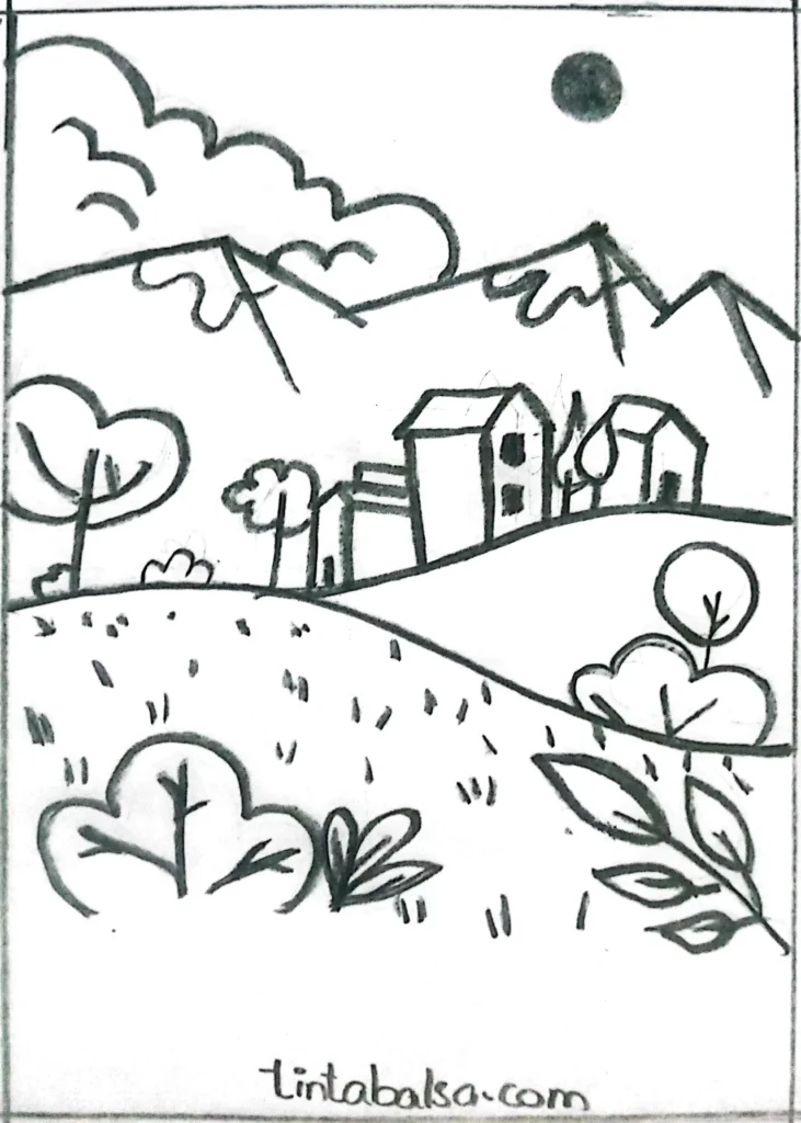 Drawing of an alpine village surrounded by hills, trees, and mountains, with layered elements for depth.