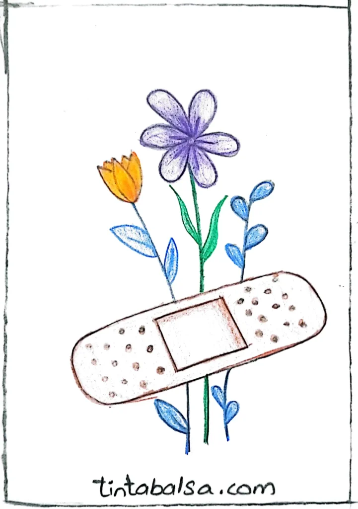 A simple drawing of a plaster with a delicate flower growing from it, symbolising care, healing, and hope, created with soft and minimalistic lines.