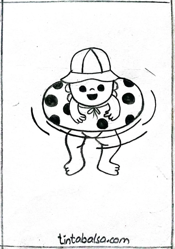 Sketch of an adorable baby wearing a hat and sitting in a float, ready for a fun splash in the water, drawn step-by-step with easy details.