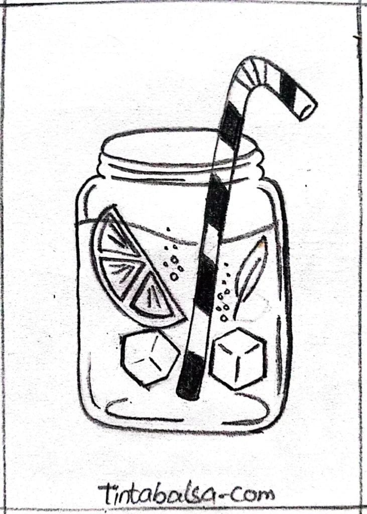 Drawing of a refreshing drink in a glass or jar, featuring ice cubes, fruit slices, and a fun straw, capturing the essence of summer.