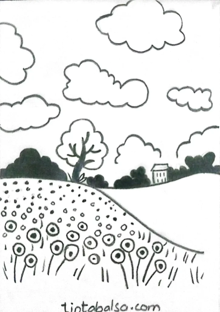 A sketch of a poppy field with flowing lines and vibrant blooms, capturing the essence of Monet's artistic style.
