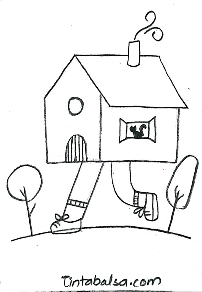 A whimsical house illustration with long legs, strolling through a surreal landscape, blending everyday familiarity with fantastical creativity.