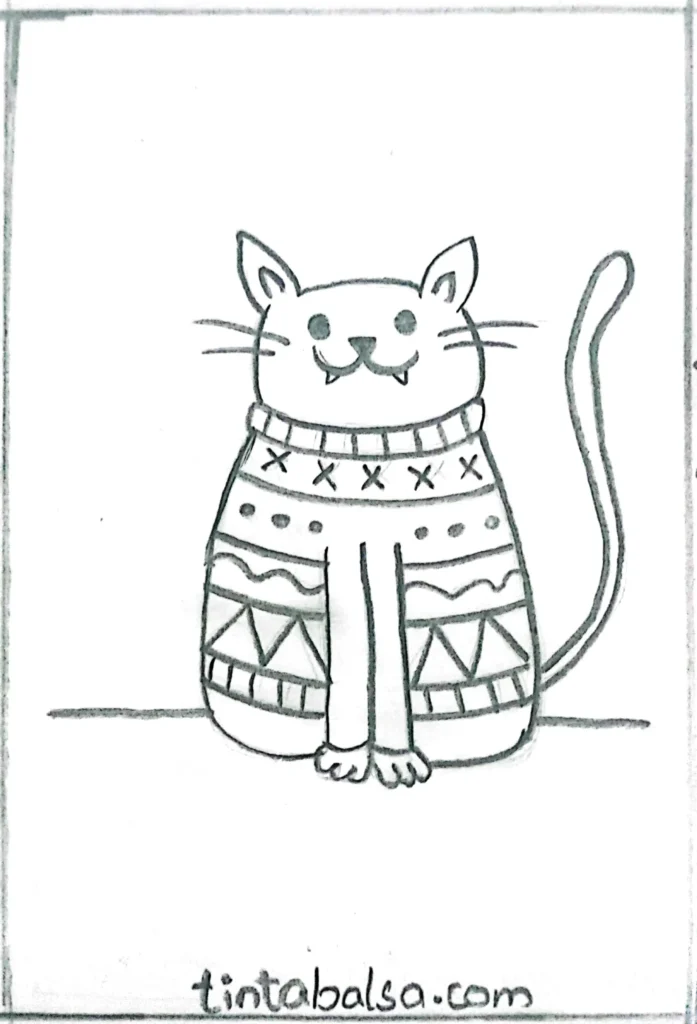 A playful drawing of a cosy cat wearing a jumper with unique patterns, adding a touch of fun to autumn-inspired artwork.