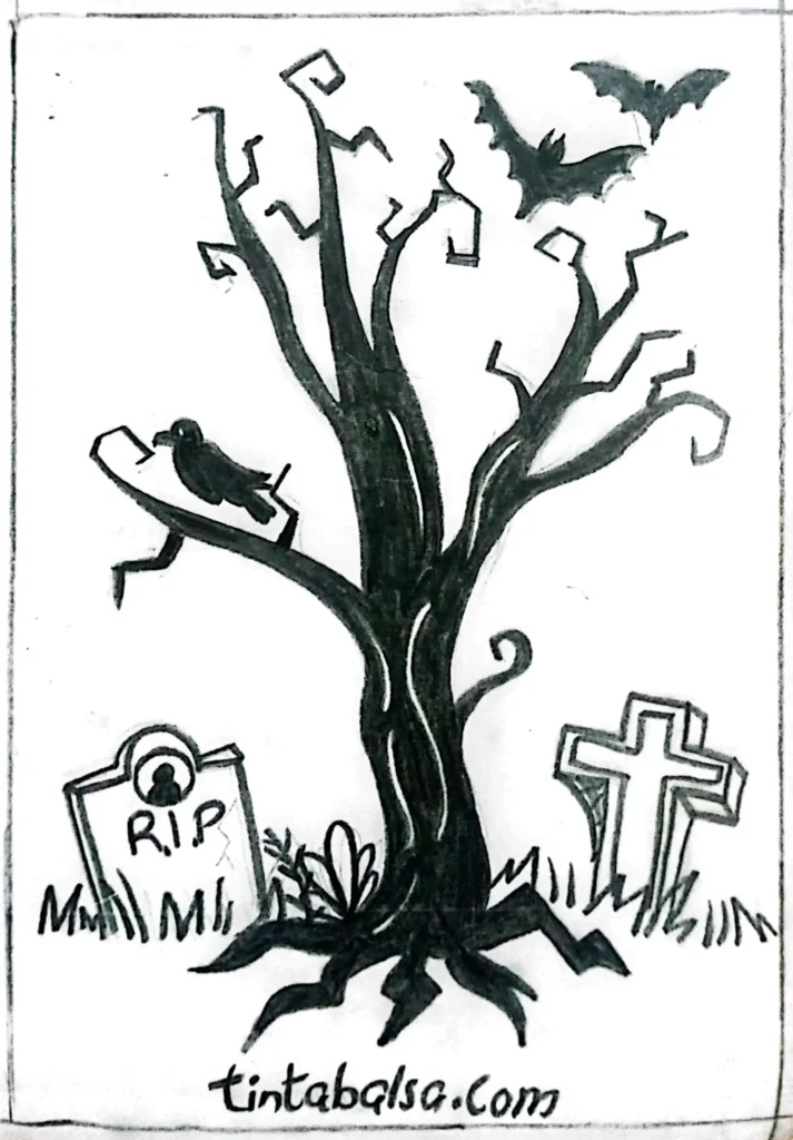 A spooky tree with twisted branches, crows, and gravestones, creating a haunting cemetery atmosphere.