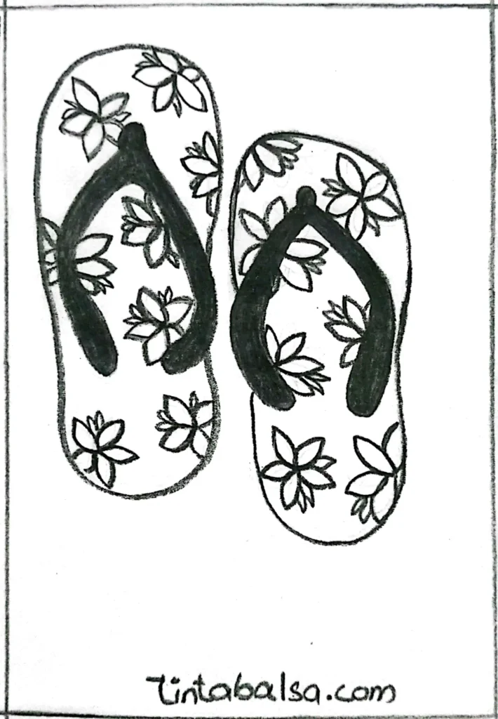 Creative drawing of flip-flops decorated with patterns like stripes, polka dots, flowers, or little fish, showcasing summer vibes.