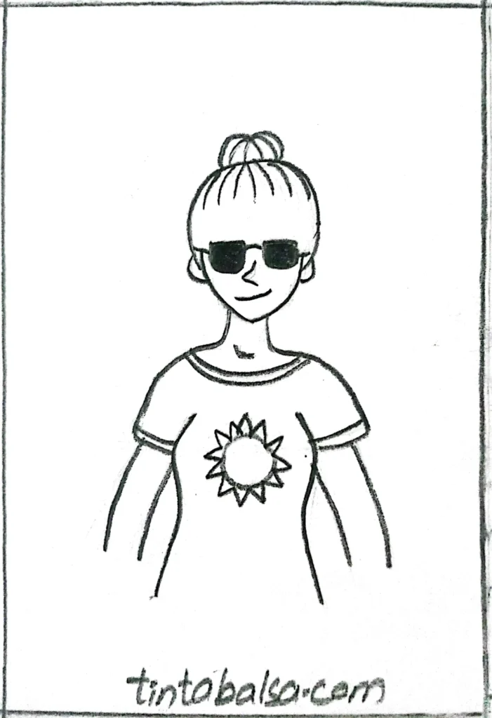 Sketch of a girl wearing a t-shirt and sunglasses with her hair tied back, enjoying the summer sun with a cheerful smile.