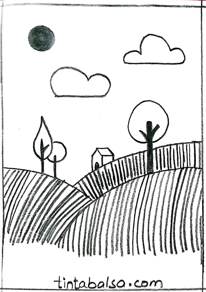 Drawing of a countryside scene with rolling hills, rows of crops, trees, and a small house, showcasing parallel lines and textures.