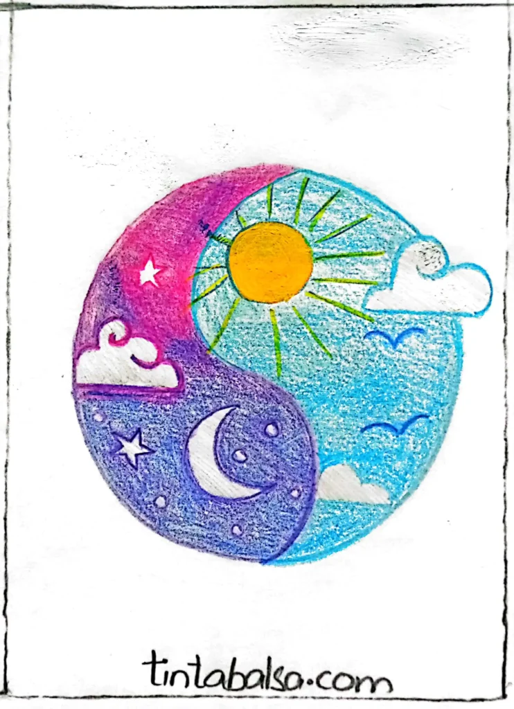 A contrasting drawing showcasing a blend of night and day scenes, featuring a radiant sun on one side and a starry night sky on the other, with intricate minimalist details.