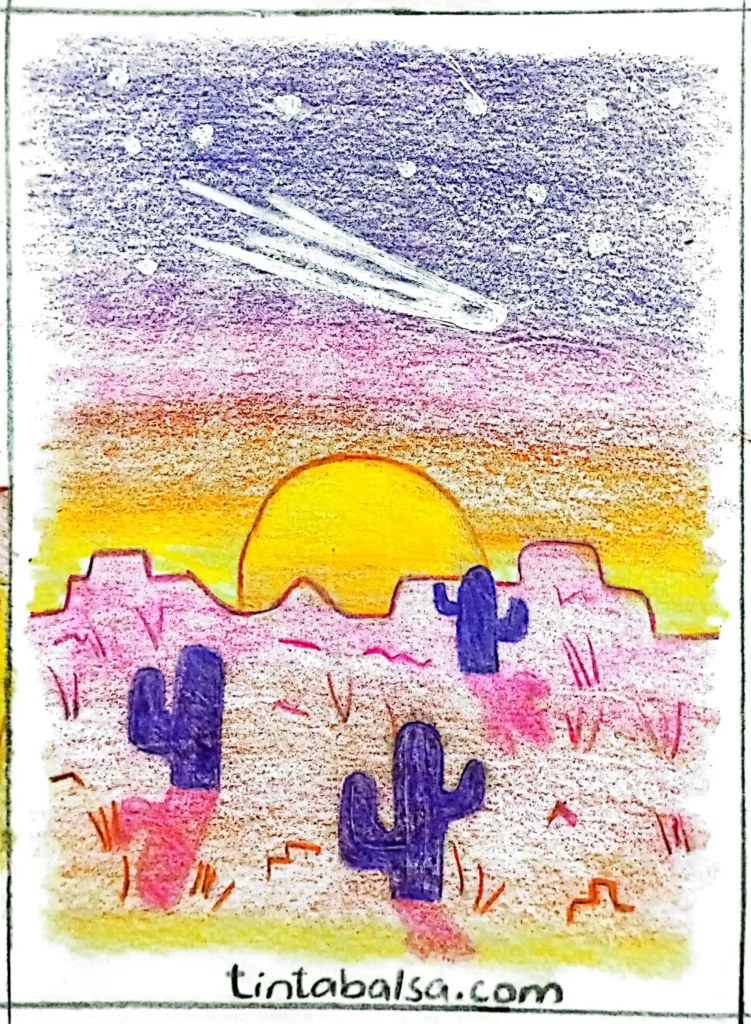 Sketch of a desert landscape with a vibrant sunset, featuring sand dunes and a starry night sky