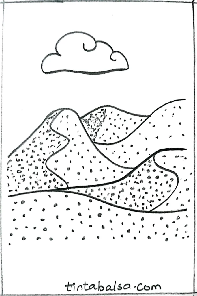 Minimalist sketch of a desert with sandy textures, a lone cloud, and a vast empty sky.