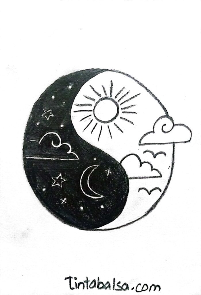 A contrasting drawing showcasing a blend of night and day scenes, featuring a radiant sun on one side and a starry night sky on the other, with intricate minimalist details.