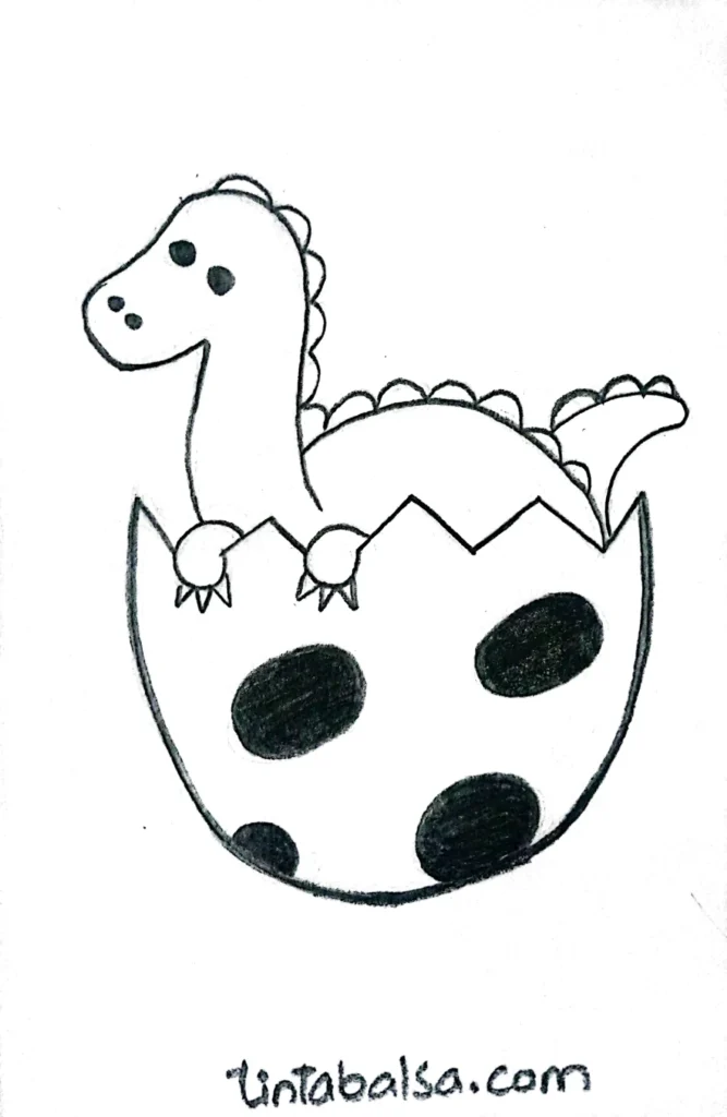 Cute drawing of a baby dinosaur hatching from its egg, turning a typically fierce creature into an adorable and charming image.