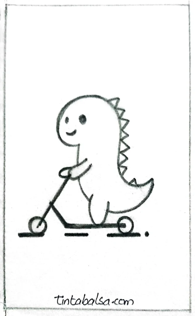 "Smiling dinosaur riding a scooter with a vibrant background, capturing a playful and dynamic moment."

