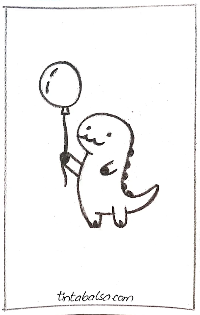 "Cheerful dinosaur holding a red balloon, smiling brightly, and creating a joyful scene of celebration."

