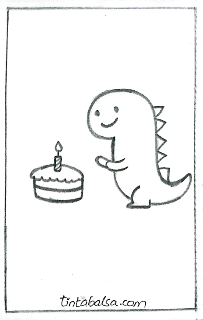 "Excited dinosaur standing next to a birthday cake with lit candles, capturing a festive and celebratory moment."

