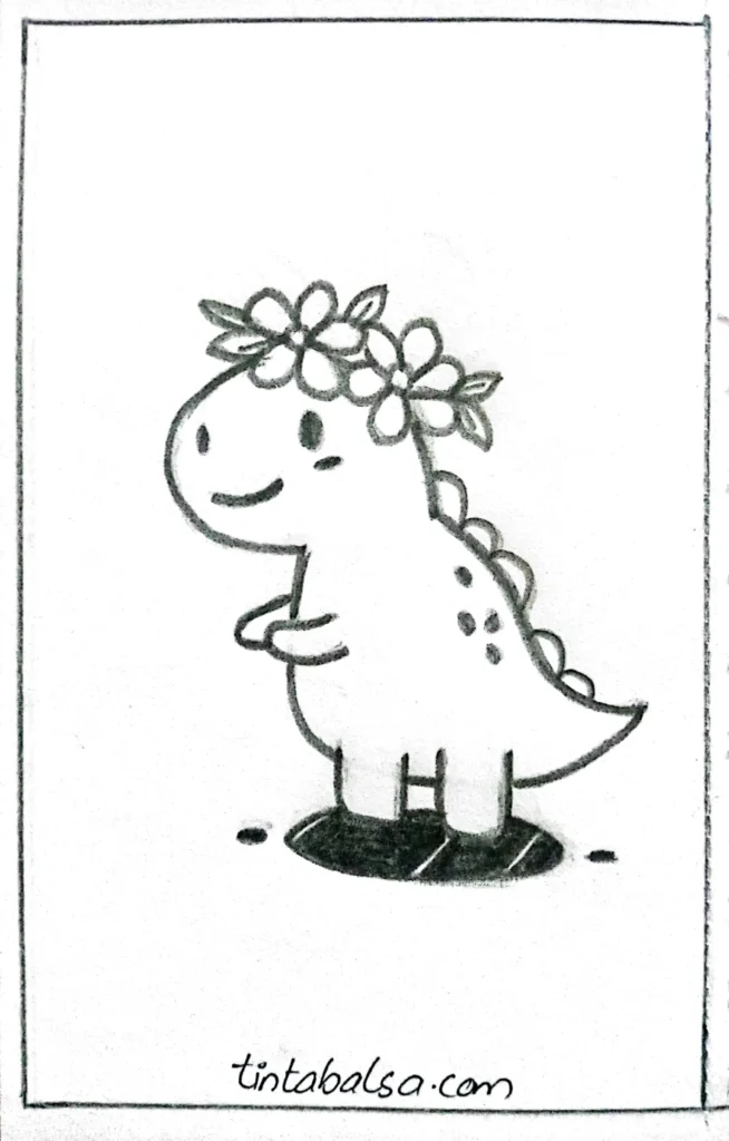 "Friendly dinosaur wearing a colourful flower crown, smiling and waving with a small paw in a cheerful pose."

