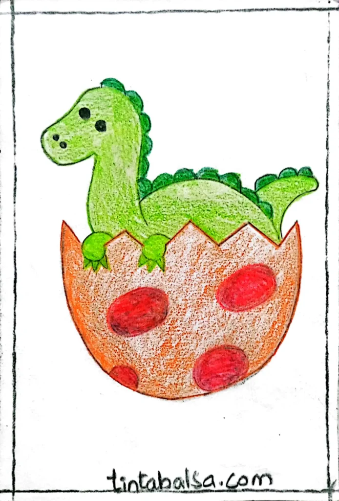 A cute baby dinosaur hatching from an egg, coloured with complementary shades of green and red.