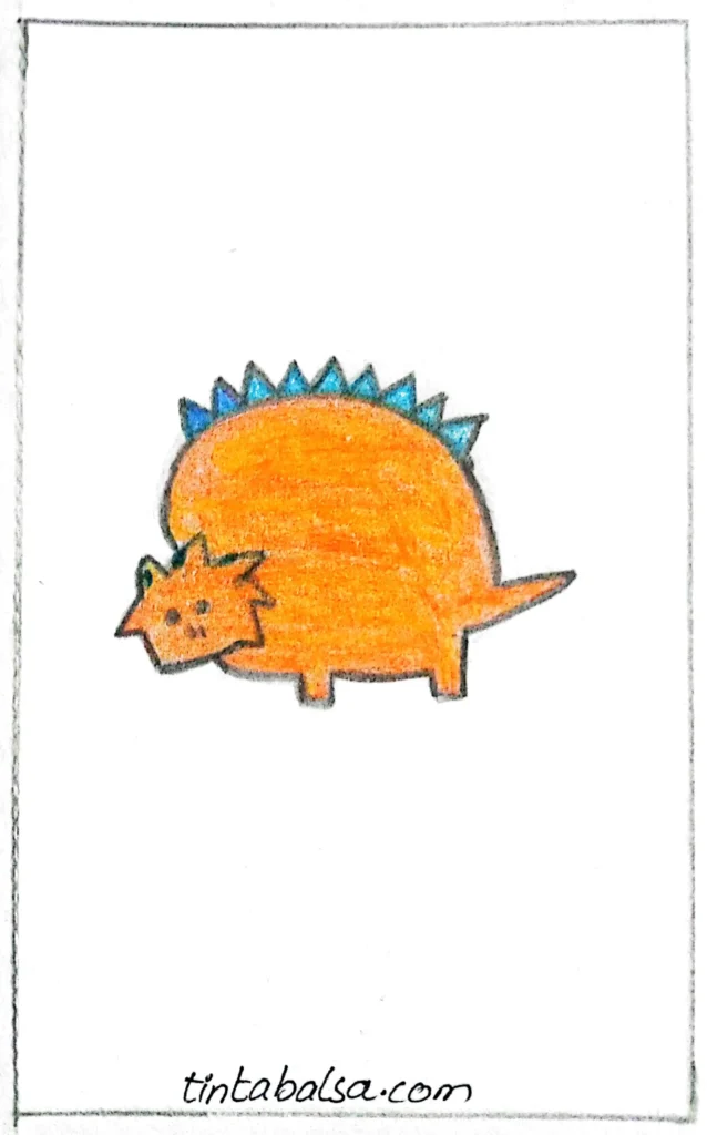 "Yellow chubby dinosaur with blue spines along its back, walking happily and radiating charm."

